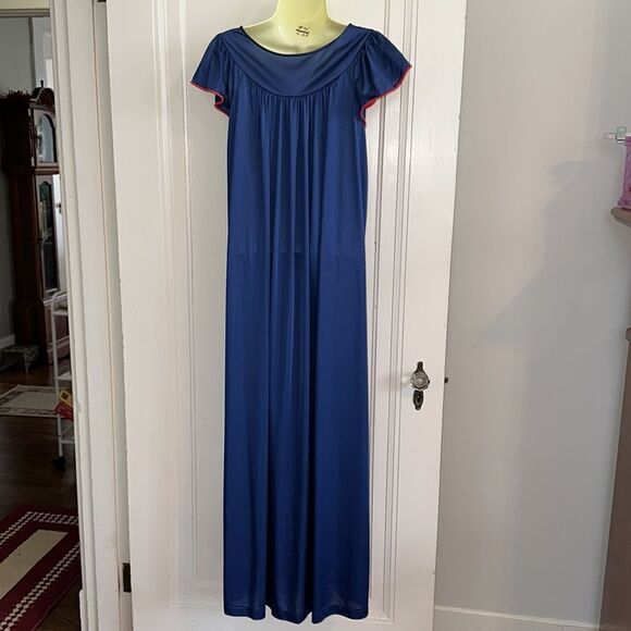 Vtg 60s/70s Shadowline navy blue & red nylon robe & nightgown set/embroidered - Picture 8 of 10